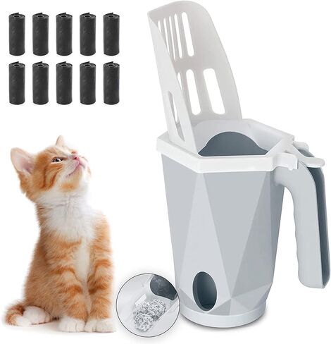 مجرفة فضلات القطط 2 في 1 مع حامل واكياس | مجرفة فضلات القطط مع مجرفة عميقة قابلة للازالة | مغرفة صغيرة محمولة مدمجة لفضلات القطط مع اكياس اعادة التعبئة| متينة وسهلة التنظيف (تتضمن 150 كيس) in Kuwait