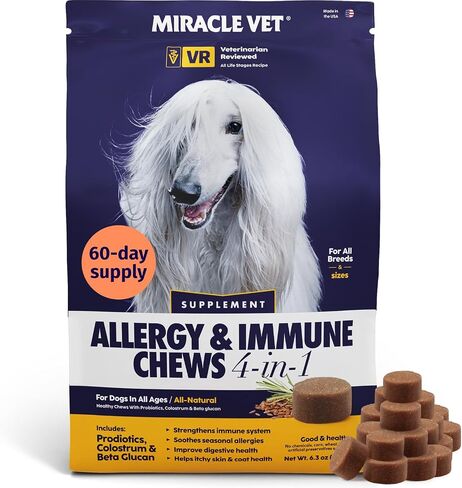 مضغ تخفيف حساسية الكلاب من MIRACLE VET - تخفيف حكة الكلاب ولدغات المناعة المسببة للحساسية - علاجات مكملات الحيوانات الأليفة - لعق المعطف، البقع الساخنة على الجلد، الحساسية، فيتامينات البروبيوتيك، دعم أمعاء اللبأ in Kuwait
