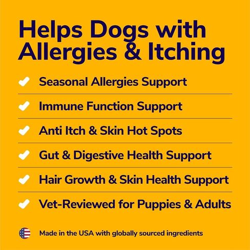 مضغ تخفيف حساسية الكلاب من MIRACLE VET - تخفيف حكة الكلاب ولدغات المناعة المسببة للحساسية - علاجات مكملات الحيوانات الأليفة - لعق المعطف، البقع الساخنة على الجلد، الحساسية، فيتامينات البروبيوتيك، دعم أمعاء اللبأ in Kuwait