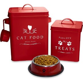 Meraki Home Farmhouse Cat Food and Treats Containers + Feed Scoop + Pet Food Bowl - Tight Lids - Large Metal Storage Bin - Great Gift for Cute Pets (Glossy Red)