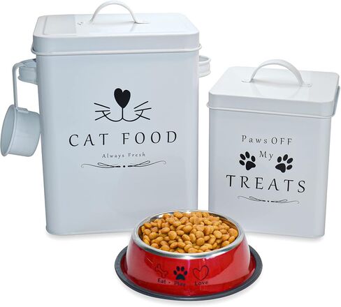 Meraki Home Farmhouse Cat Food and Treats Containers + Feed Scoop + Pet Food Bowl - Tight Lids - Large Metal Storage Bin - Great Gift for Cute Pets (Glossy Red) in Saudi Arabia