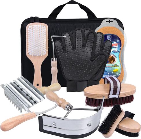 Harrison Howard Horse Grooming Kit 10-Piece Wooden Brush Set with Storage Case Tack Room Supplies Shedding Grooming Massaging Tools in Saudi Arabia