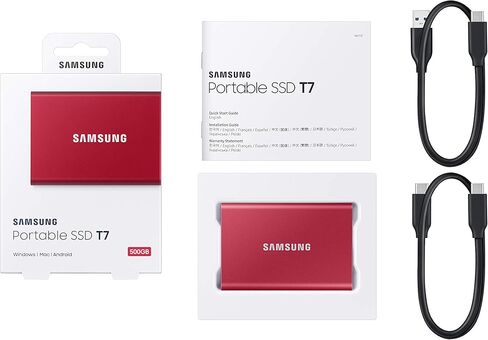 سامسونج وسيط تخزين ذو حالة ثابتة T7 محمول 500 جيجابايت - حتى 1050 ميجابايت/ثانية - USB 3.2 وسيط تخزين ذو حالة ثابتة خارجي، احمر (MU-PC500R/AM) in Kuwait