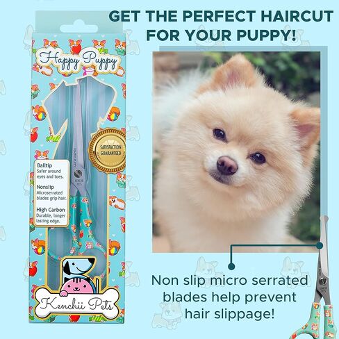 Kenchii Happy Puppy Ball Tip Shears Trimming Scissors for Dogs | Pet Grooming Puppy Essentials | Stainless Steel Grooming Scissors for Dogs | Safety Blunt Tip Scissors and Dog Grooming Tools | 5.5 In in Kuwait