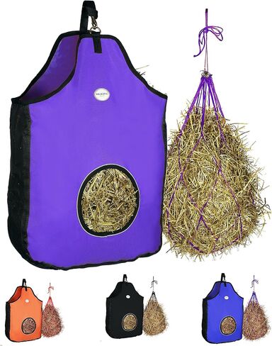 حقيبة حمل Hay Feeder 1200 D من Majestic Ally للخيول والأغنام مع زخرفة عاكسة - تقلل من النفايات - تأتي مع شبكة قش مقاس 91.44 سم. (أسود) in Saudi Arabia