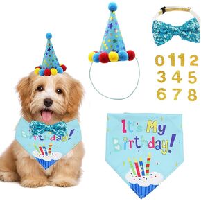 ADOGGYGO Dog Birthday Bandana Scarf and Dog Girl Boy Birthday Party Hat with Cute Dog Bow Tie for Medium Large Dog Pet (Large, Blue)