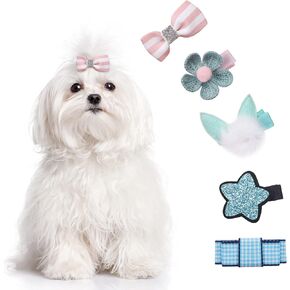 PetsHome Dog Hair Clips 5 Pcs Cat Dog Hair Bows Pet Hair Barrettes Crown Hair Pins Handmade Cute Patterns Dog Grooming Hair Accessories for Pet Cat Dog Blue