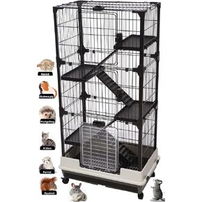 Large Multi-Level Indoor/Outdoor Small Animal Cage for Guinea Pig Ferret Chinchilla Cat Rabbit Hutch Paw Safe Solid Platform Ramp Bottom Mesh Floor Pull Out Leakproof Washable Tray Large Access Doors
