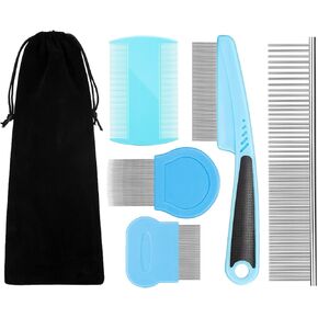Flea Comb For Dogs Cat Comb Lice Comb Metal Tear Stain Dog Combs Pet Comb Grooming Set 5 Pieces By BENSEAO Teeth Durable Remove Float Hair Combing tangled hair Dandruff Add Storage Pouch (Blue)