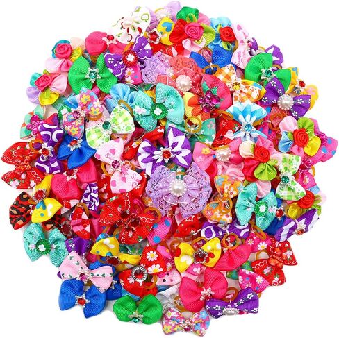 Yagopet 50pcs/Pack Cute New Dog Hair Bows Pairs Rhinestone Pearls Flowers Topknot Mix Styles Dog Bows Pet Grooming Products Mix Colors Pet Hair Bows Topknot Rubber Bands in Saudi Arabia