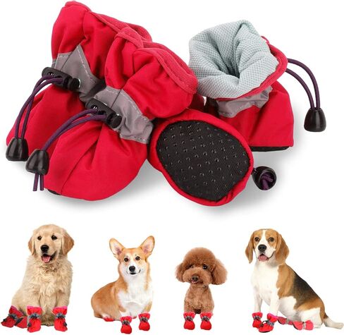 4PCs Dog Boots Dog Shoes Pow Protector for Summer Hot Pavement for Small Medium Dogs Cat with Non-Slip Sole and Reflective Straps(Red,Size 3) in Kuwait