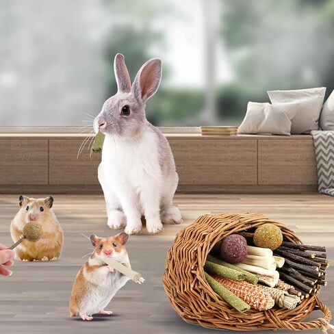 AYAWOW أرنب مضغ اللعب شينشيلا الأرنب الفئران اللعب الروطان سلة معلقة مع تيموثي القش الطبيعية العصي مضغ يعامل لأسنان خنزير غينيا الهامستر الأرنب أرنب in Kuwait