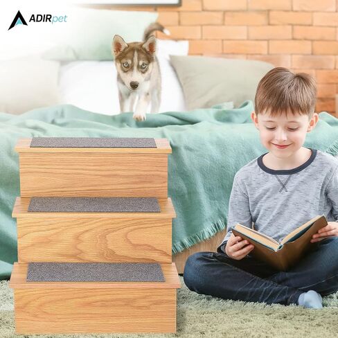 AdirPets Deluxe 3-Step Pet Stairs with Non-Slip Surface and Carpeted Treads - Sleek Pet Steps for Small Dogs, Cats, Elderly or Disabled Pets - Supports Up to 175lbs Weight - Black in Kuwait