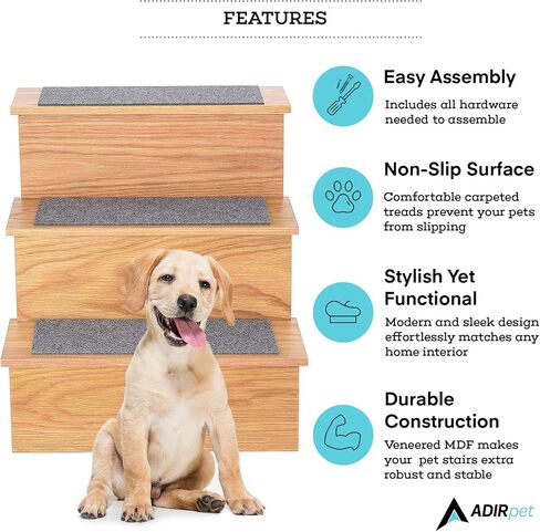 AdirPets Deluxe 3-Step Pet Stairs with Non-Slip Surface and Carpeted Treads - Sleek Pet Steps for Small Dogs, Cats, Elderly or Disabled Pets - Supports Up to 175lbs Weight - Black in Kuwait