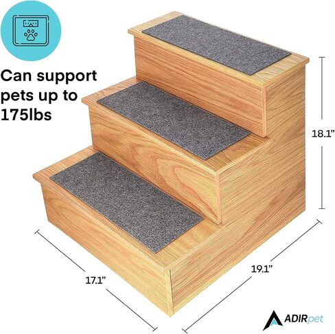 AdirPets Deluxe 3-Step Pet Stairs with Non-Slip Surface and Carpeted Treads - Sleek Pet Steps for Small Dogs, Cats, Elderly or Disabled Pets - Supports Up to 175lbs Weight - Black in Kuwait