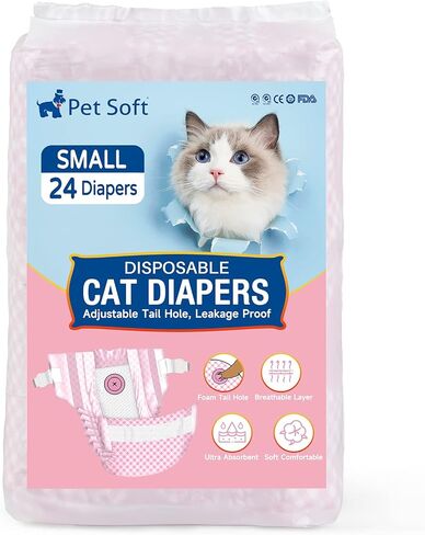 Pet Soft Disposable Cat Diapers - Diapers for Female & Male Cats, Puppy Doggie Diapers for Female Dogs with Adjustable Foam Tail Hole, 24pcs XSmall in Saudi Arabia