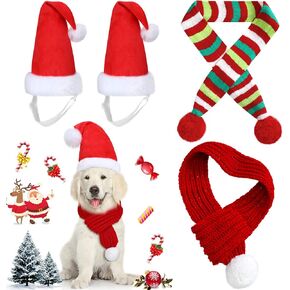 Frienda 4 Pcs Christmas Santa Hat with Dog Scarf Dog Christmas Outfit Costume 2 Adjustable Christmas Dog Hat and 2 Dog Knit Red Scarf Winter Pet Accessory for Small Medium Large Dog (Medium)