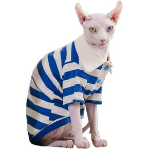 Sphynx Cat Shirt Cotton Hairless Kitten Polo T-Shirt with Sleeves Pullover Cat Pajamas for Sphynx Cornish Rex, Devon Rex, Peterbald (Blue White Polo, Small) in Saudi Arabia