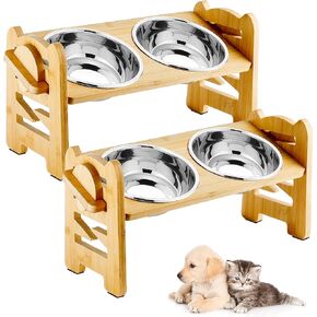 2 Pack Elevated Dog Bowls Raised Cat Food Bowls for Small Dogs and Cats, 6 Adjustable Heights Raised Dog Bowl Bamboo Pet Food and Water Bowl Cat Food Bowl Stand Feeder with 2 Stainless Steel Bowls in Kuwait