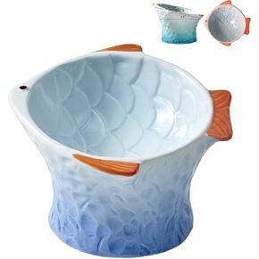 Raised Tilted Ceramic Cat Food Bowl - Cute Fish Shape Elevated Slanted Shallow Angled Cat Dish - Personalized Pet Feeder for Kitty Dry Wet Treats Feeding - Ergonomic Anti Vomiting Whisker Fatigue