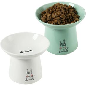 OMAYKEY 6.5 Inch Extra Wide Raised Cat Bowls, Ceramic Elevated Cat Bowl for Food and Water, Wide Shallow Cat Food Dish, Whisker Fatigue, Protect Spine, Lead & Cadmium Free, White & Green