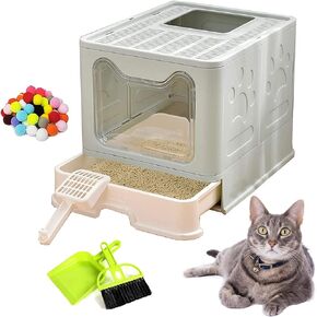 Hamiledyi Foldable Large Cat Litter Box Enclosed Cat Potty with Drawer Top Entry Type Anti-Splashing Cat Toilet with Lid and Cat Litter Scoop No Smell Cat Supplies for Cats and Kittens-Blue