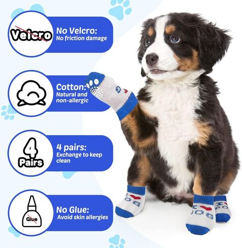جوارب للكلاب مضادة للانزلاق من كومفيت، 8 قطع واقيات لمخالب الكلاب ومقابض لأصابع القدم للأرضيات الصلبة الداخلية والخارجية، تمنع لعق الجرو، مقاس كبير (أزرق) in Kuwait