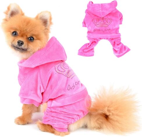 SEIMAI Dog Hoodies Jumpsuit for Small Dog Cat Puppy Rhinestone Crown Soft Velvet Autumn Winter Hooded Pajamas Tracksuit Outfits Sportswear Jacket with Hat Training Outdoor Pink M in Saudi Arabia