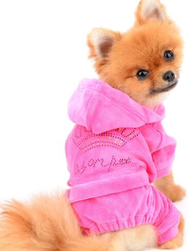 SEIMAI Dog Hoodies Jumpsuit for Small Dog Cat Puppy Rhinestone Crown Soft Velvet Autumn Winter Hooded Pajamas Tracksuit Outfits Sportswear Jacket with Hat Training Outdoor Pink M in Saudi Arabia