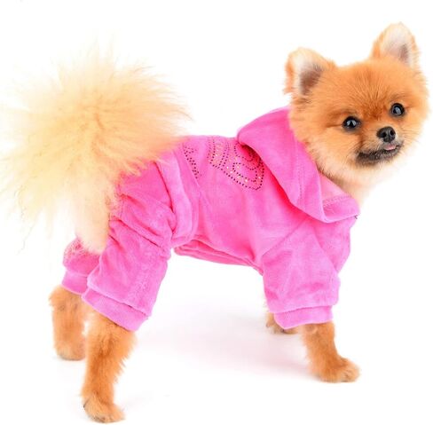 SEIMAI Dog Hoodies Jumpsuit for Small Dog Cat Puppy Rhinestone Crown Soft Velvet Autumn Winter Hooded Pajamas Tracksuit Outfits Sportswear Jacket with Hat Training Outdoor Pink M in Saudi Arabia