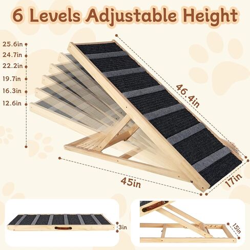 منحدر للكلاب، منحدرات للكلاب الكبيرة، منحدرات أمان للكلاب الصغيرة والكبيرة، بطول 46.4 بوصة و6 ارتفاعات قابلة للتعديل من 12.6 إلى 25.6 بوصة للسيارة والسرير والأريكة والأريكة 200 رطل in Kuwait