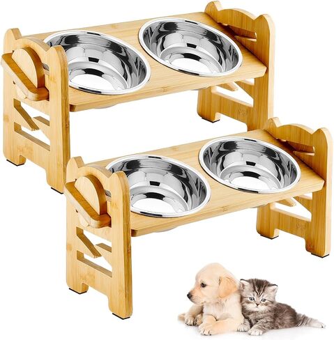 2 Pack Elevated Dog Bowls Raised Cat Food Bowls for Small Dogs and Cats, 6 Adjustable Heights Raised Dog Bowl Bamboo Pet Food and Water Bowl Cat Food Bowl Stand Feeder with 2 Stainless Steel Bowls in Kuwait