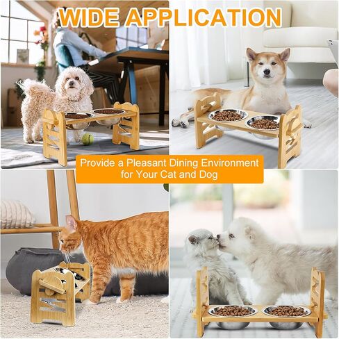 2 Pack Elevated Dog Bowls Raised Cat Food Bowls for Small Dogs and Cats, 6 Adjustable Heights Raised Dog Bowl Bamboo Pet Food and Water Bowl Cat Food Bowl Stand Feeder with 2 Stainless Steel Bowls in Kuwait