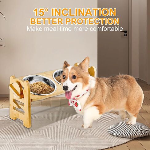 2 Pack Elevated Dog Bowls Raised Cat Food Bowls for Small Dogs and Cats, 6 Adjustable Heights Raised Dog Bowl Bamboo Pet Food and Water Bowl Cat Food Bowl Stand Feeder with 2 Stainless Steel Bowls in Kuwait