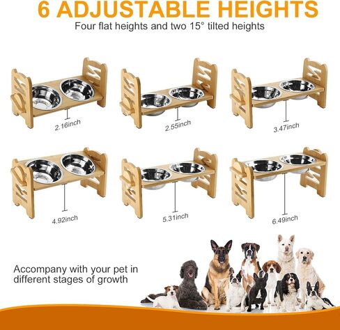 2 Pack Elevated Dog Bowls Raised Cat Food Bowls for Small Dogs and Cats, 6 Adjustable Heights Raised Dog Bowl Bamboo Pet Food and Water Bowl Cat Food Bowl Stand Feeder with 2 Stainless Steel Bowls in Kuwait