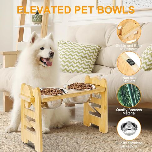2 Pack Elevated Dog Bowls Raised Cat Food Bowls for Small Dogs and Cats, 6 Adjustable Heights Raised Dog Bowl Bamboo Pet Food and Water Bowl Cat Food Bowl Stand Feeder with 2 Stainless Steel Bowls in Kuwait
