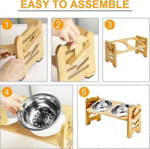 2 Pack Elevated Dog Bowls Raised Cat Food Bowls for Small Dogs and Cats, 6 Adjustable Heights Raised Dog Bowl Bamboo Pet Food and Water Bowl Cat Food Bowl Stand Feeder with 2 Stainless Steel Bowls in Kuwait