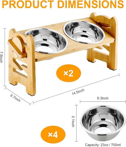 2 Pack Elevated Dog Bowls Raised Cat Food Bowls for Small Dogs and Cats, 6 Adjustable Heights Raised Dog Bowl Bamboo Pet Food and Water Bowl Cat Food Bowl Stand Feeder with 2 Stainless Steel Bowls in Kuwait