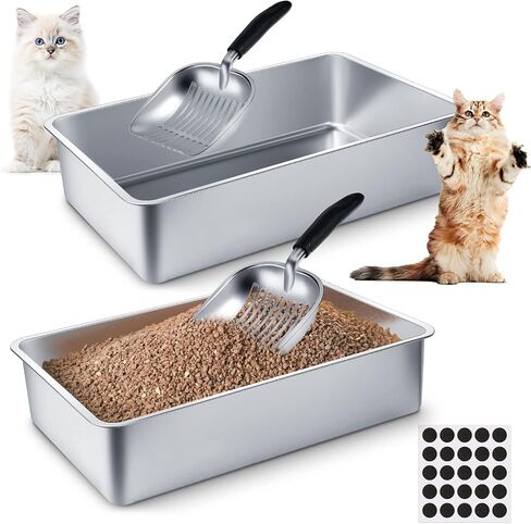 2 Set Stainless Steel Litter Box for Cat with 2 Pcs Cat Litter Scoops 15 Pcs Non Slip Rubber Feet Non Stick Smooth Rabbit Litter Box High Sided Litter Box Litter Scooper with Holder (20 x 13.8 x 8 In) in Saudi Arabia