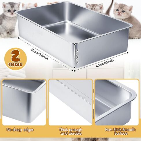 2 Set Stainless Steel Litter Box for Cat with 2 Pcs Cat Litter Scoops 15 Pcs Non Slip Rubber Feet Non Stick Smooth Rabbit Litter Box High Sided Litter Box Litter Scooper with Holder (20 x 13.8 x 8 In) in Saudi Arabia