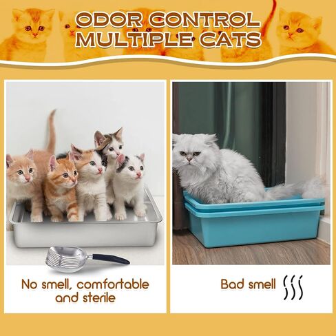 2 Set Stainless Steel Litter Box for Cat with 2 Pcs Cat Litter Scoops 15 Pcs Non Slip Rubber Feet Non Stick Smooth Rabbit Litter Box High Sided Litter Box Litter Scooper with Holder (20 x 13.8 x 8 In) in Saudi Arabia