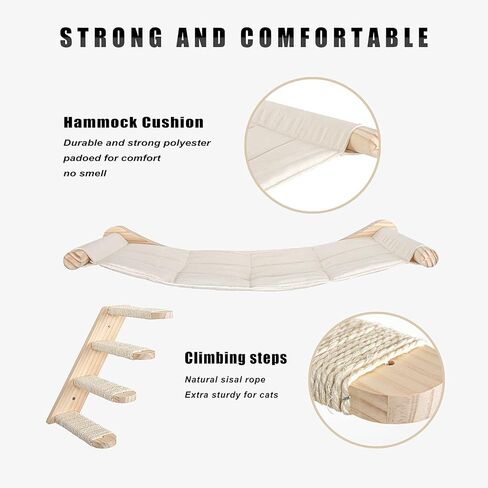 Cat Hammock Wall Mounted Cats Shelf and Climbing Shelf Four Step Cat Stairway with Sisal Scratching for Climbing Sleeping Playing Lounging Perching Cat Furniture in Kuwait