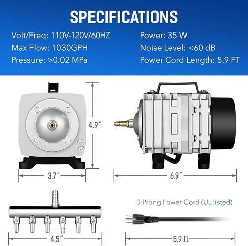 Simple Deluxe LGPUMPAIR65 Air Pump 1030 GPH 35W 65L/min 6 Adjustable Air Flow Outlets with Airline Tubing 25 Feet for Aquarium, Pond, Hydroponics System, Silver in Kuwait