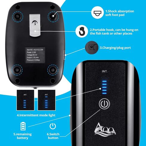 مضخة هواء قابلة لإعادة الشحن من AQQA Aquarium، متعددة الوظائف محمولة موفرة للطاقة، مضخة أكسجين هادئة، منافذ واحدة/مزدوجة مع حجر هواء، مناسبة لصيد الأسماك في حالات انقطاع التيار الكهربائي في الداخل in Kuwait
