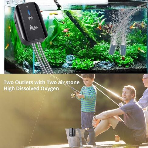 مضخة هواء قابلة لإعادة الشحن من AQQA Aquarium، متعددة الوظائف محمولة موفرة للطاقة، مضخة أكسجين هادئة، منافذ واحدة/مزدوجة مع حجر هواء، مناسبة لصيد الأسماك في حالات انقطاع التيار الكهربائي في الداخل in Kuwait