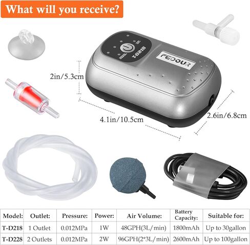 مضخة هواء لحوض السمك USB محمولة من FEDOUR، مضخة أكسجين ذكية للبطارية، مهوية همسة لما يصل إلى 100 جالون من خزان الأسماك، صيد الأسماك في الهواء الطلق، النقل المائي، السوق المائية in Kuwait