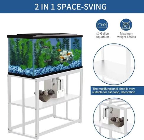 Fizgot White Fish Tank Stand 40 Gallon, Double Layer Metal Aquarium Stand with Storage, 36.5" x 18.5" x 29.5" Breeder Reptile Tank Stand in Kuwait