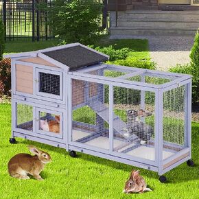 GINMAON Rabbit Hutch Indoor 58" Rabbit Cage Outdoor Wooden Bunny Hutch W/Wheels, Large Guinea Pig House Rabbits Cage with Run Ramp Removable Trays for Small Animals (Fir) in Saudi Arabia