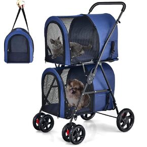 Giantex Double Pet Stroller with 2 Detachable Carrier Bags, Safety Belt, 4 Lockable Wheels Cat Stroller Travel Carrier Strolling Cart, Folding Dog Stroller for Small Medium Dogs Cats Puppy (Beige)