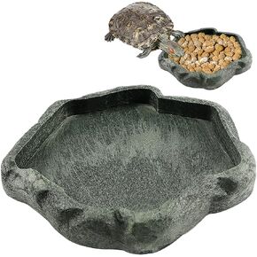Reptile Water Dish Bowl Resin Rock Reptile Food and Water Feeder Pet Aquarium Ornament Terrarium Plate for Tortoise Lizard (Dark Green Small)